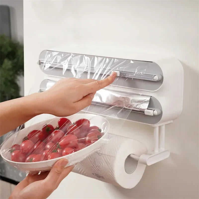 3 In 1 Aluminum Film Wrap Cutter WallMount Paper Towel Holder Cling Film Cutting Holder Plastic Wrap Dispenser Kitchen Organizer