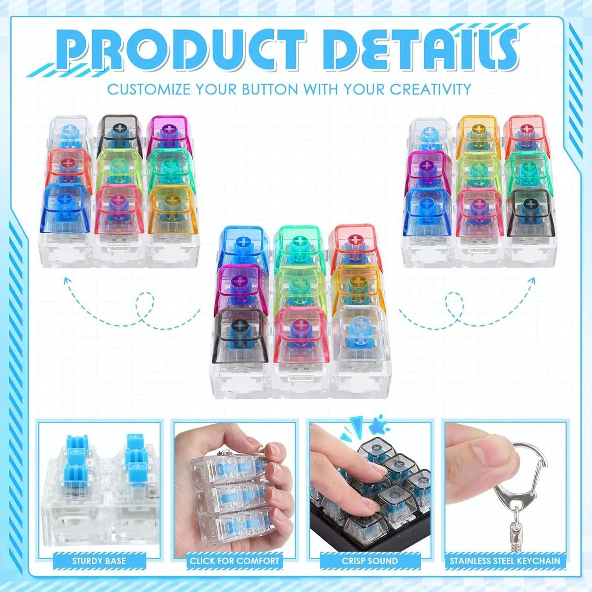 4/9 Keys Illuminated Keyboard Keychain Finger Button Anti Stress Keycap for Office Home Adults Kids Decompression Clicker