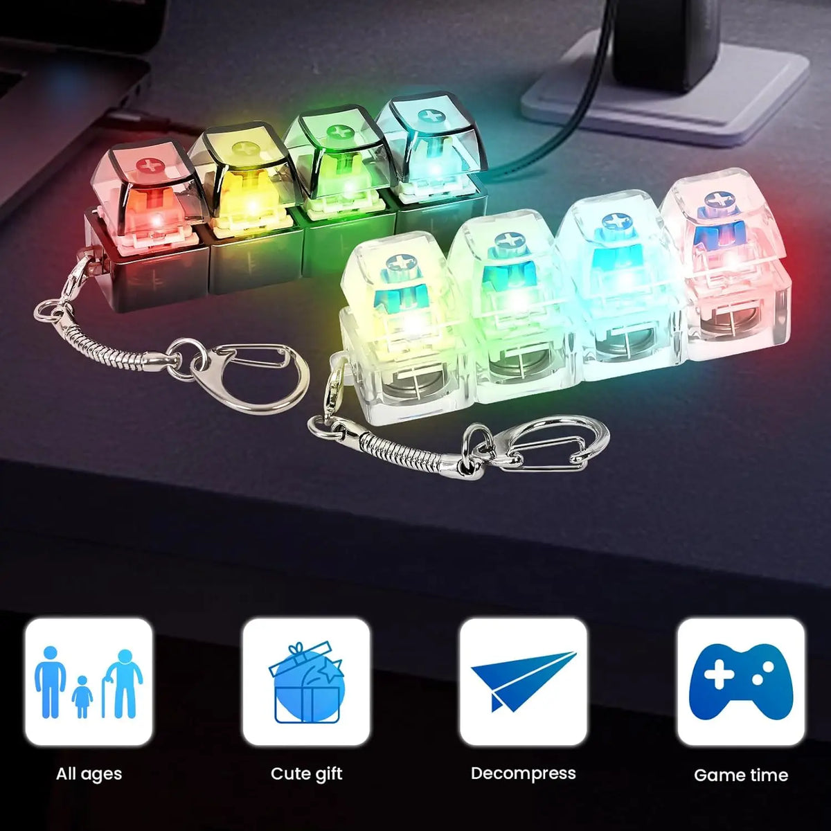 4/9 Keys Illuminated Keyboard Keychain Finger Button Anti Stress Keycap for Office Home Adults Kids Decompression Clicker