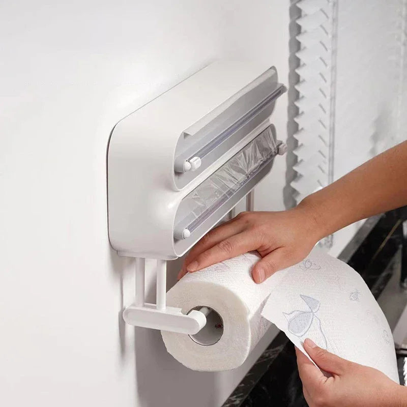 3 In 1 Aluminum Film Wrap Cutter WallMount Paper Towel Holder Cling Film Cutting Holder Plastic Wrap Dispenser Kitchen Organizer