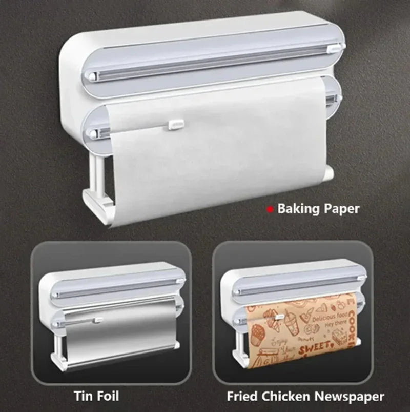 3 In 1 Aluminum Film Wrap Cutter WallMount Paper Towel Holder Cling Film Cutting Holder Plastic Wrap Dispenser Kitchen Organizer
