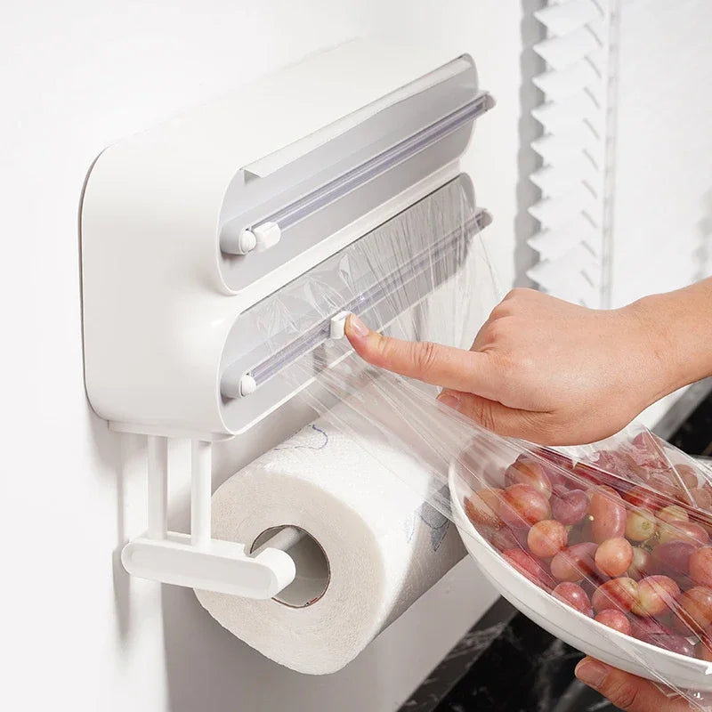 3 In 1 Aluminum Film Wrap Cutter WallMount Paper Towel Holder Cling Film Cutting Holder Plastic Wrap Dispenser Kitchen Organizer