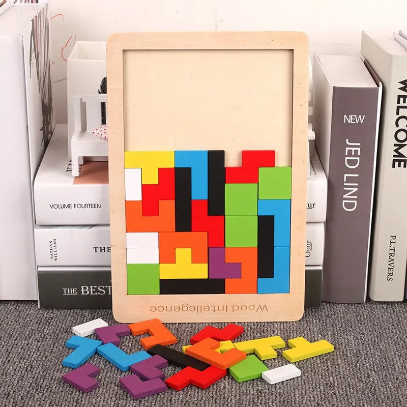 Wooden Blocks Puzzle Brain Teasers Toy Tangram Jigsaw Intelligence Colorful 3D Russian Blocks Montessori Educational